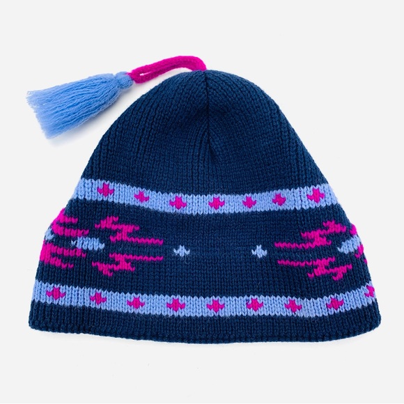 Wigwam Fair Isle Wool Tasseled Beanie Winter Hat Made in USA Navy Purple - Picture 11 of 11